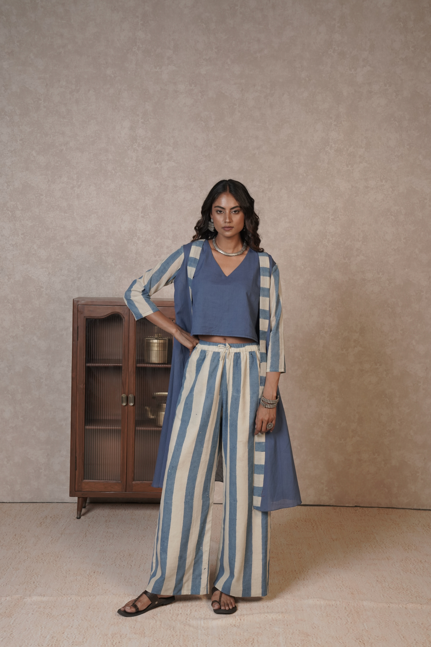 Blue Ivory Striped Ajrakh Cotton 3-Piece Co-ord Set – Azure Driftline
