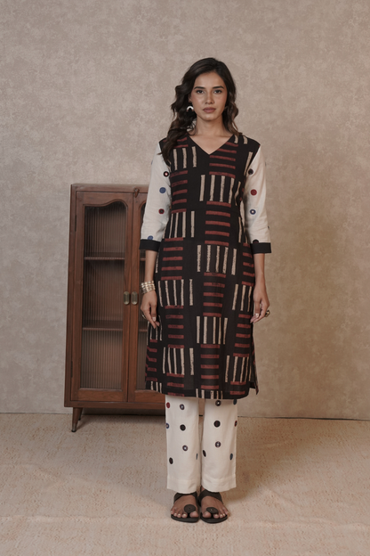 Noir Grid Ajrakh Cotton Kurta Bottom Set – Ira