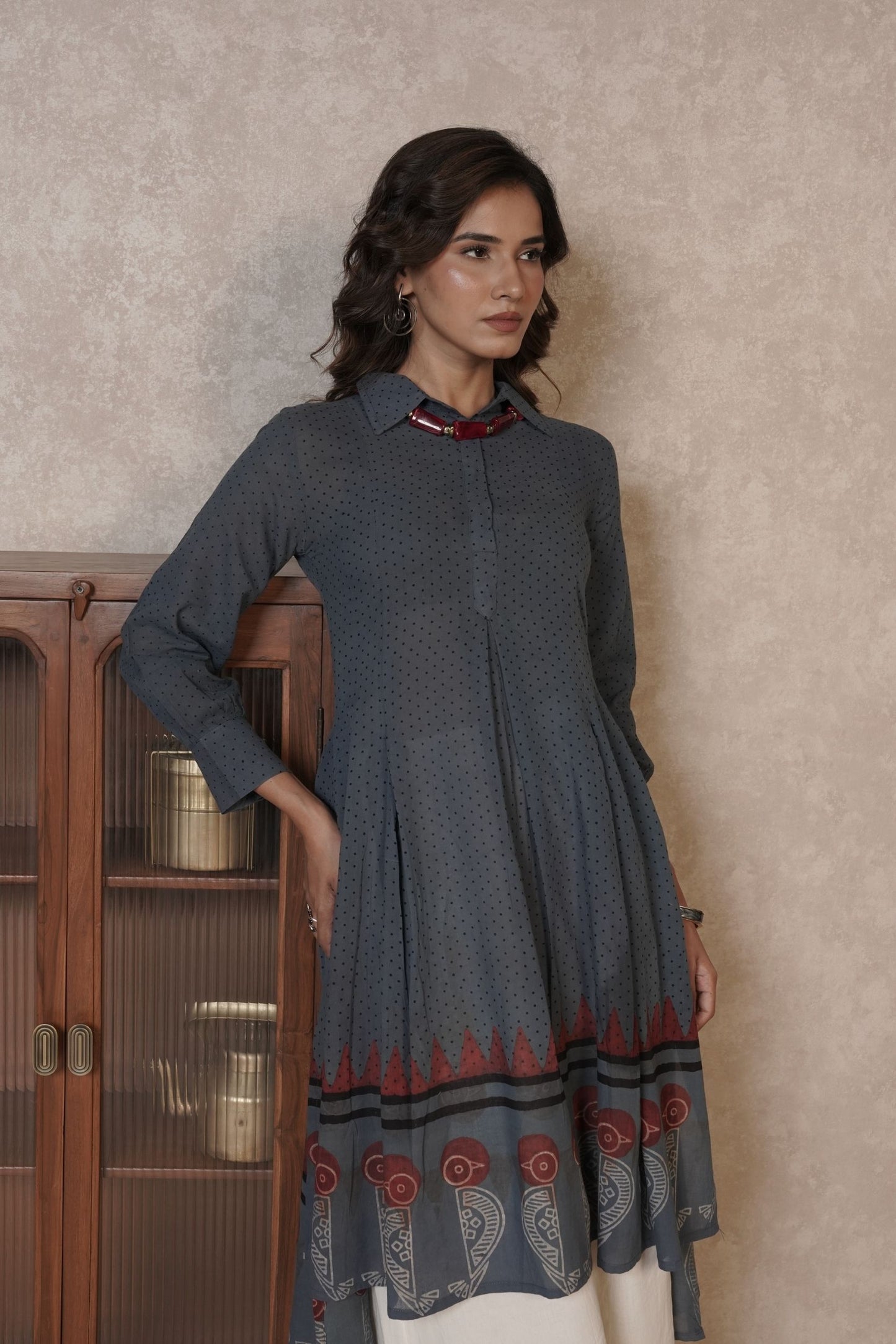 Charcoal Grey Printed Ajrakh Cotton Kurti