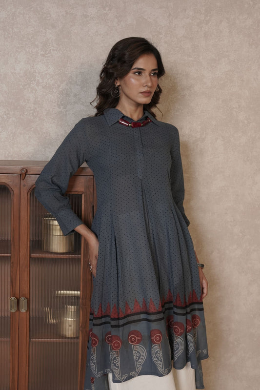 Charcoal Grey Printed Ajrakh Cotton Kurti