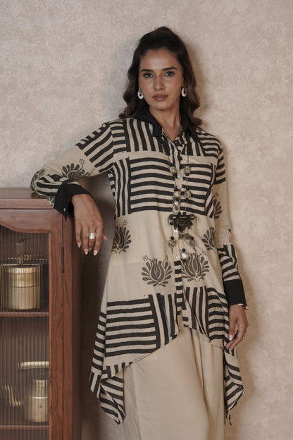 Veyra Asymmetrical Stripe Ajrakh Cotton Top