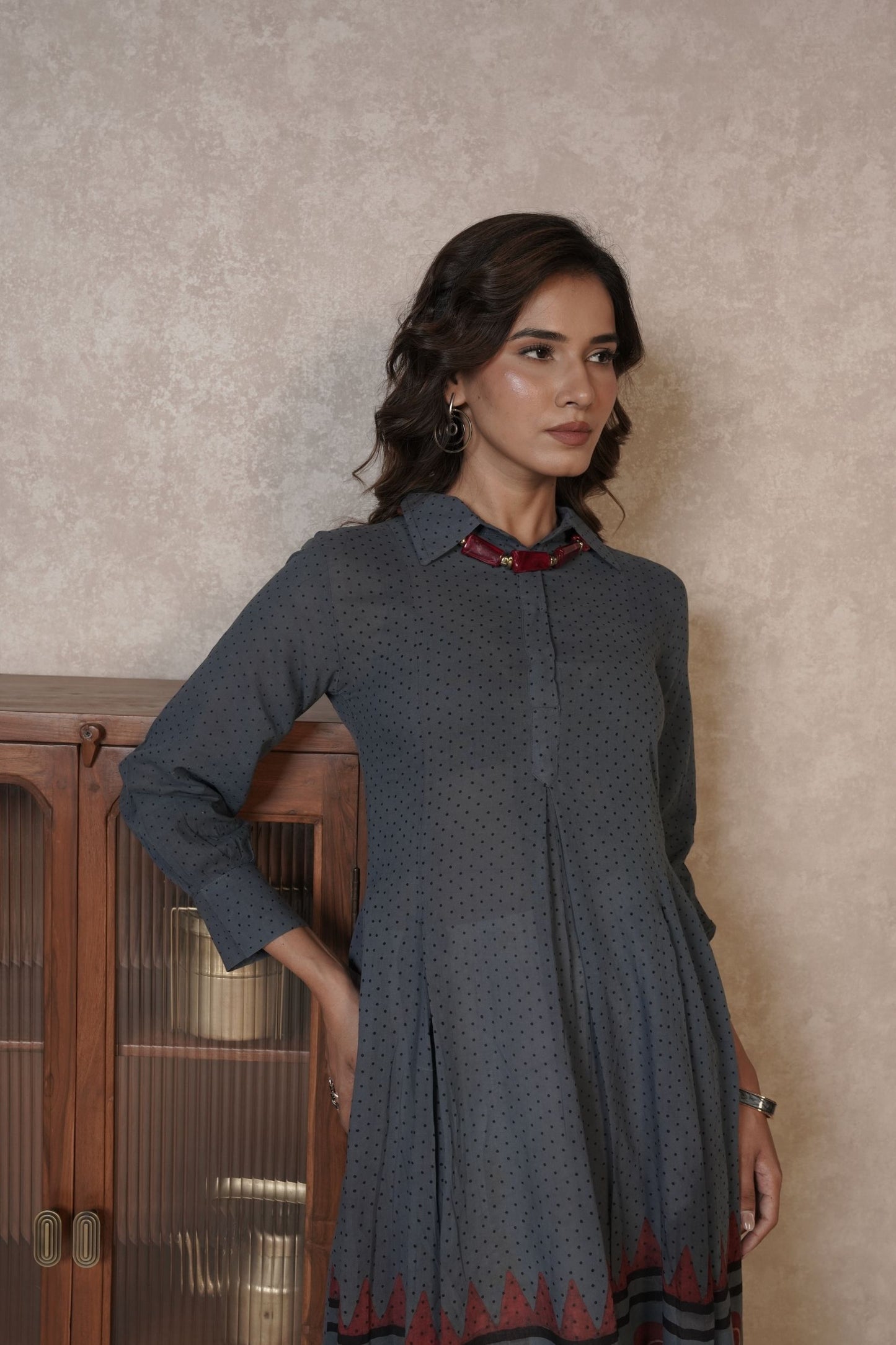 Charcoal Grey Printed Ajrakh Cotton Kurti