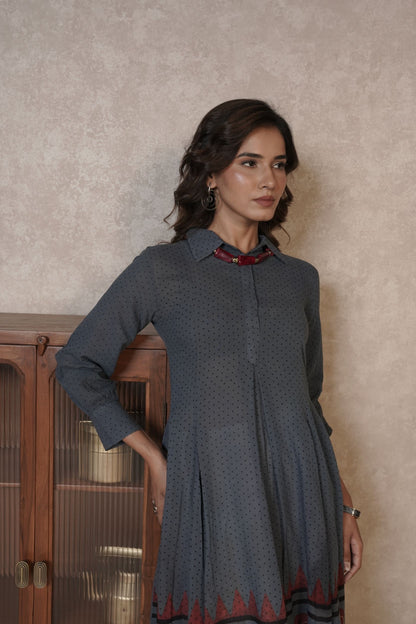 Charcoal Grey Printed Ajrakh Cotton Kurti