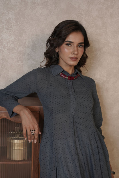 Charcoal Grey Printed Ajrakh Cotton Kurti