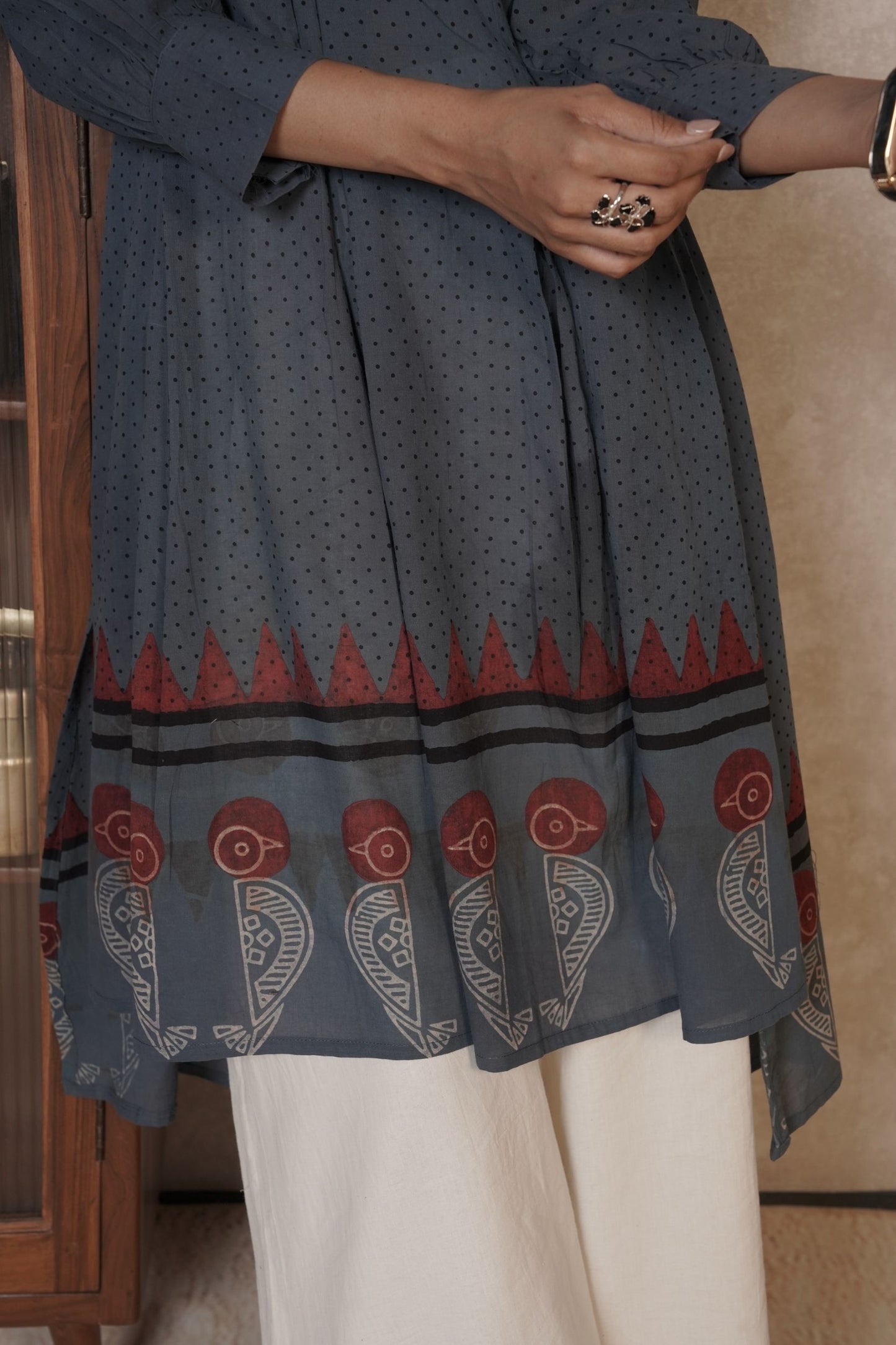 Charcoal Grey Printed Ajrakh Cotton Kurti