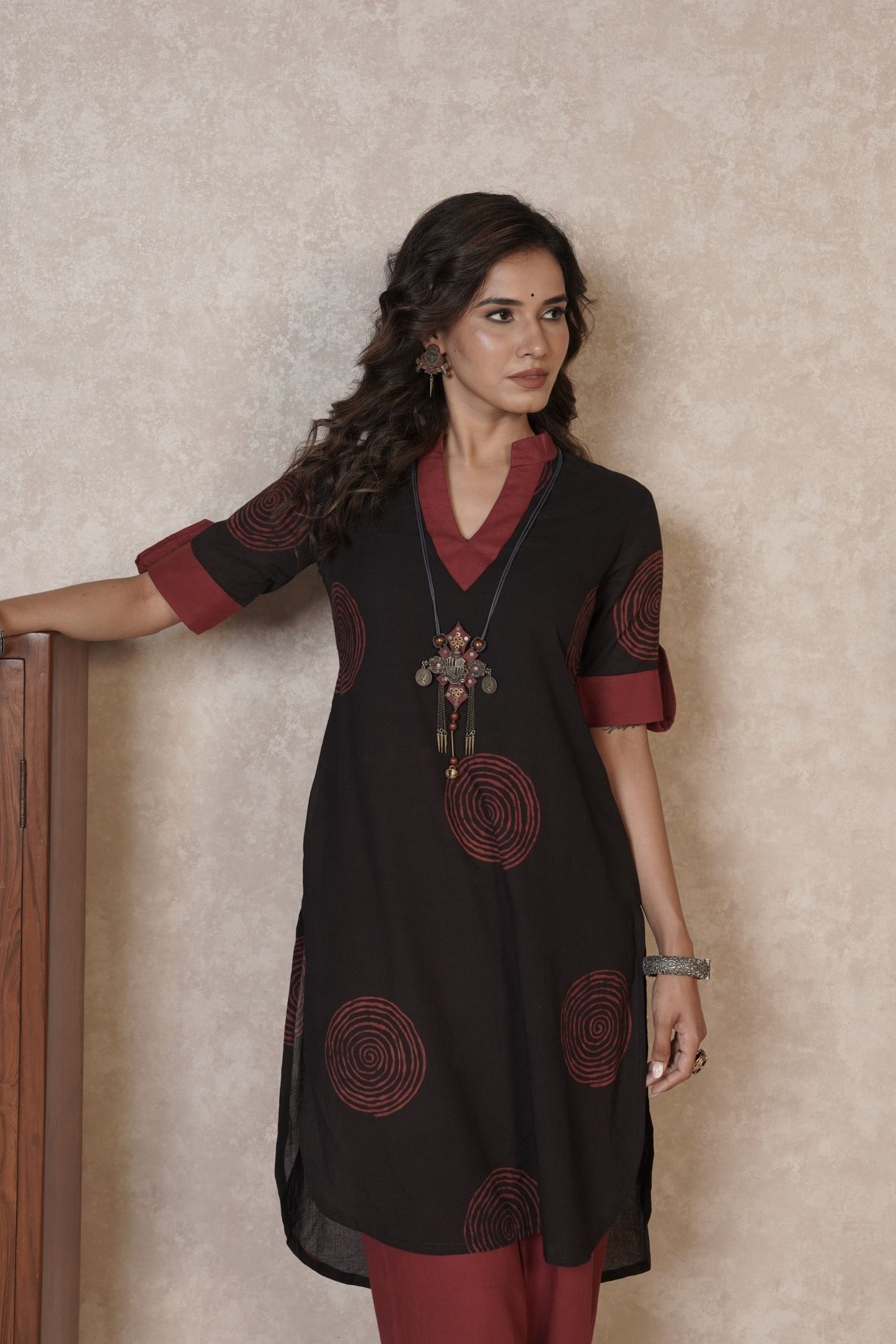Midnight Rust Orbits – Black Ajrakh Cotton Printed Kurti