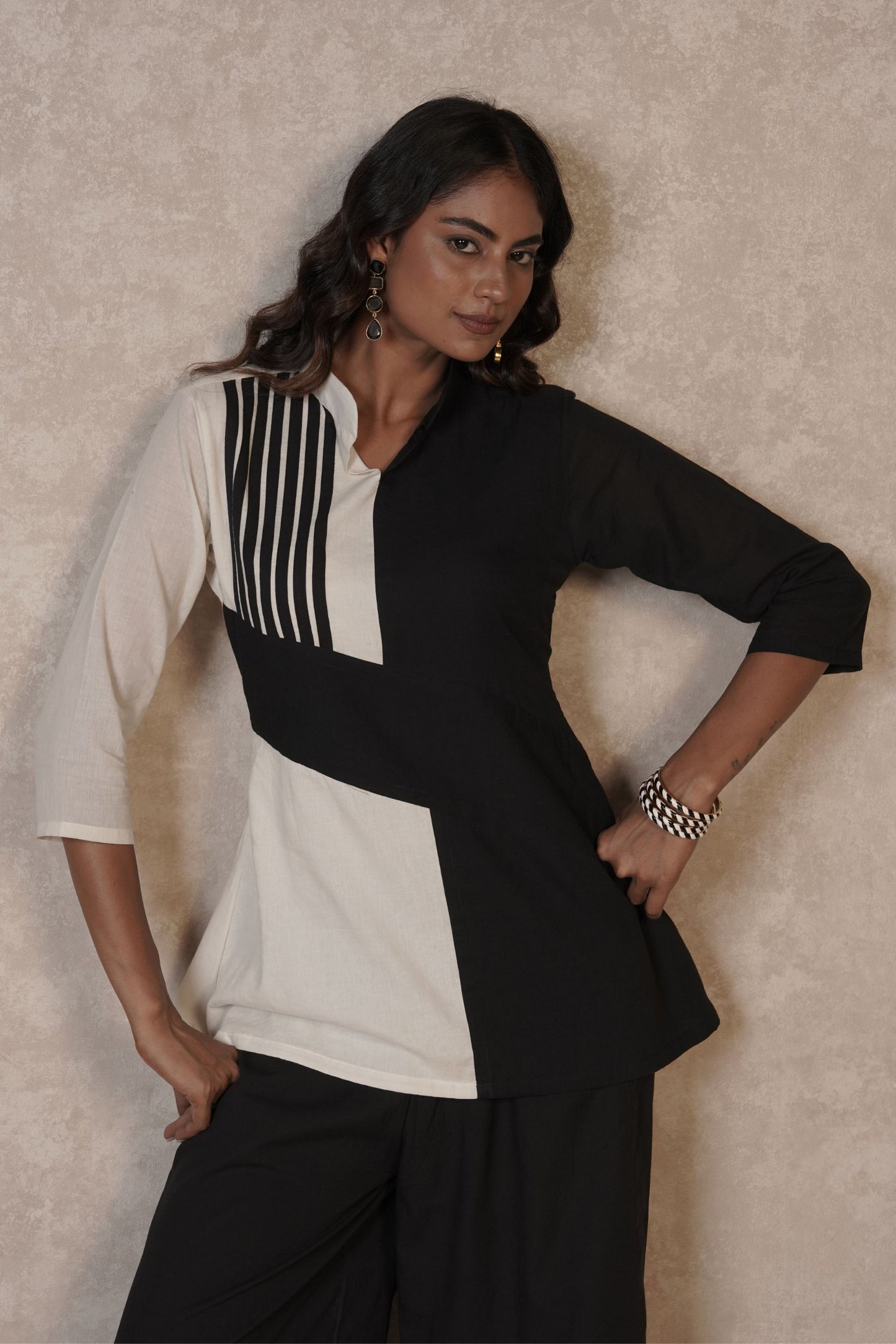 Black Ivory Panelled Ajrakh Cotton Top