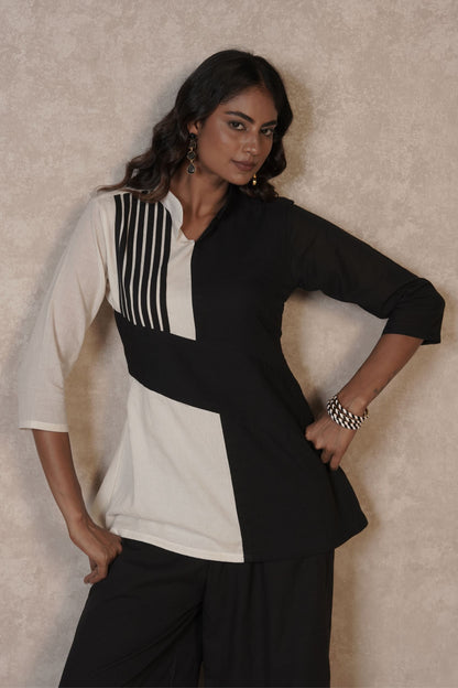 Black Ivory Panelled Ajrakh Cotton Top
