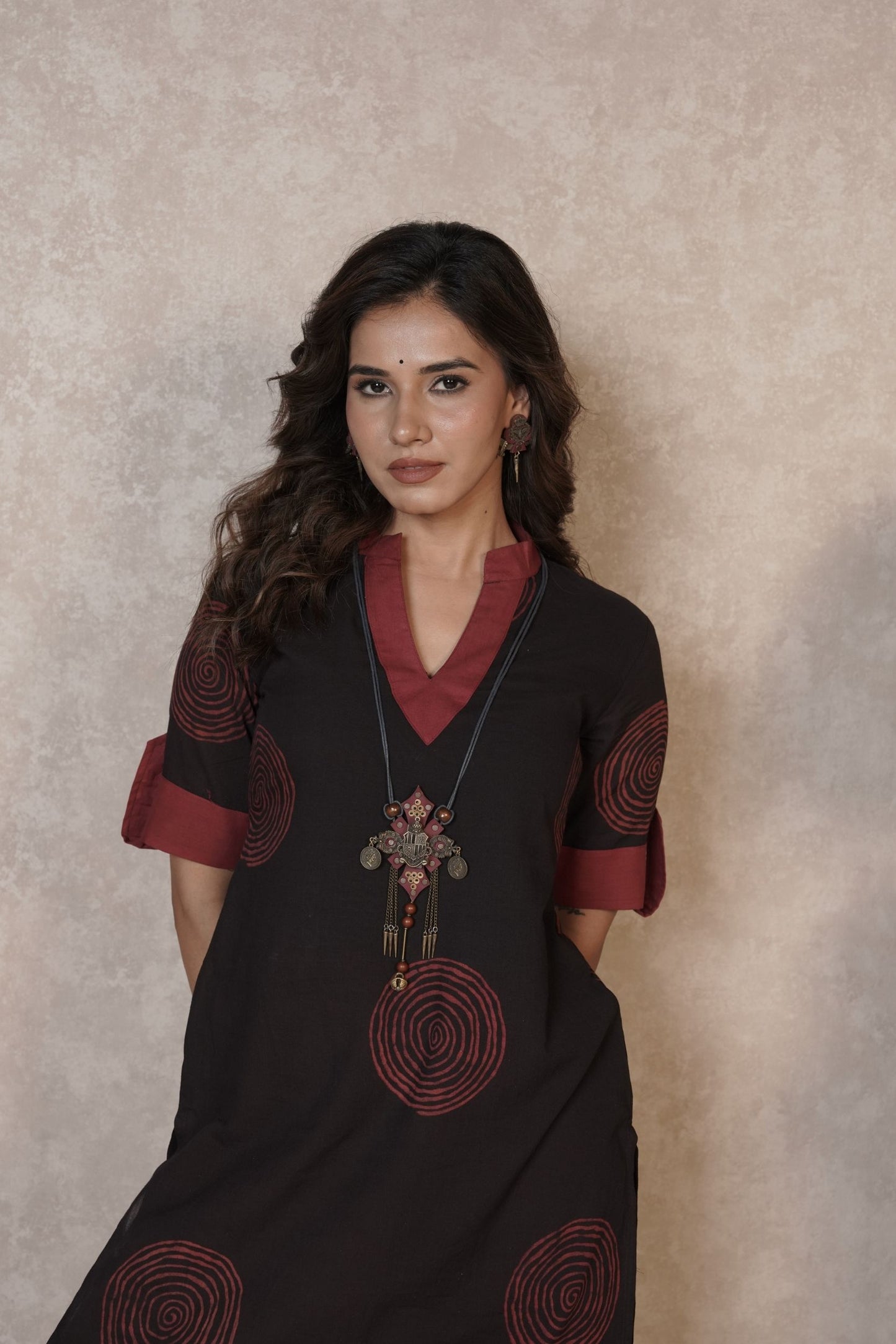 Midnight Rust Orbits – Black Ajrakh Cotton Printed Kurti