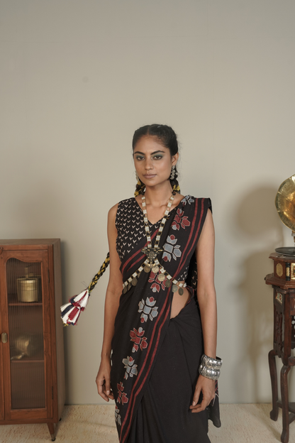 Midnight Vana Ajrakh Cotton Saree – Tamsa