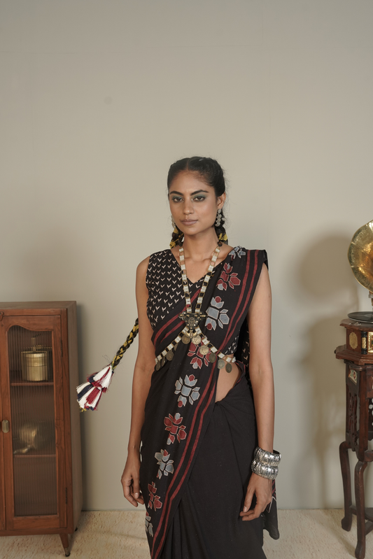 Midnight Vana Ajrakh Cotton Saree – Tamsa