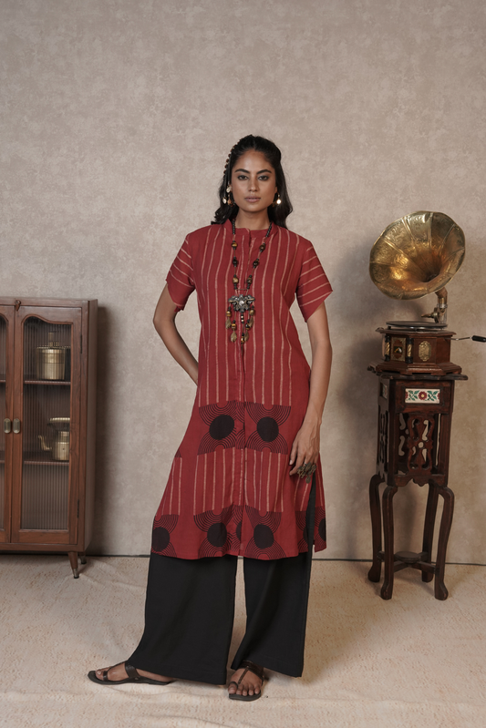 Rust Rhythm Ajrakh Cotton Kurta Plazo Set – Meher | Set of 2