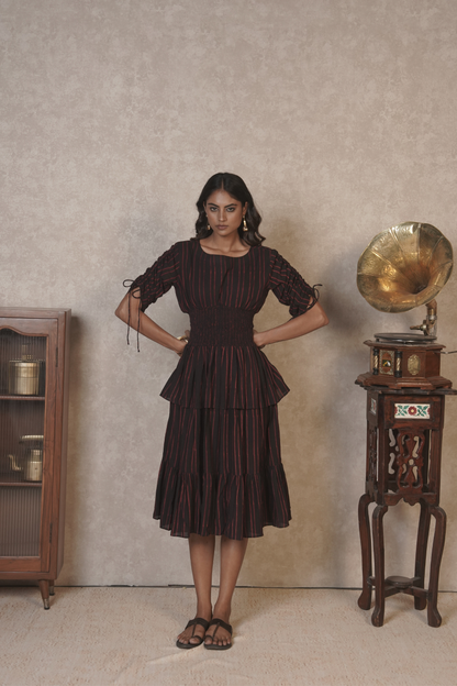 Crimson Pinstripe Cascade – Black Ajrakh Cotton Dress