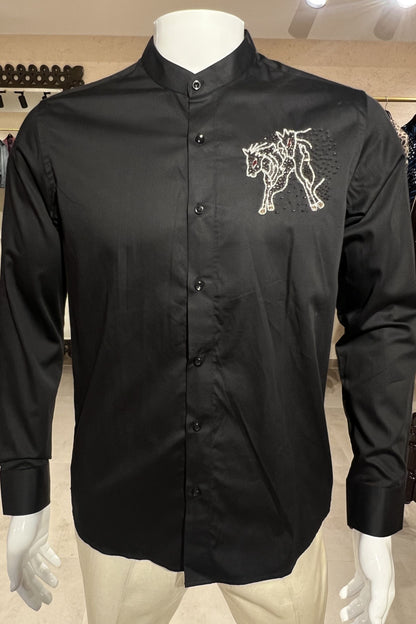 Men's Black Hand Embroidered Shirt – Ivory Stallion