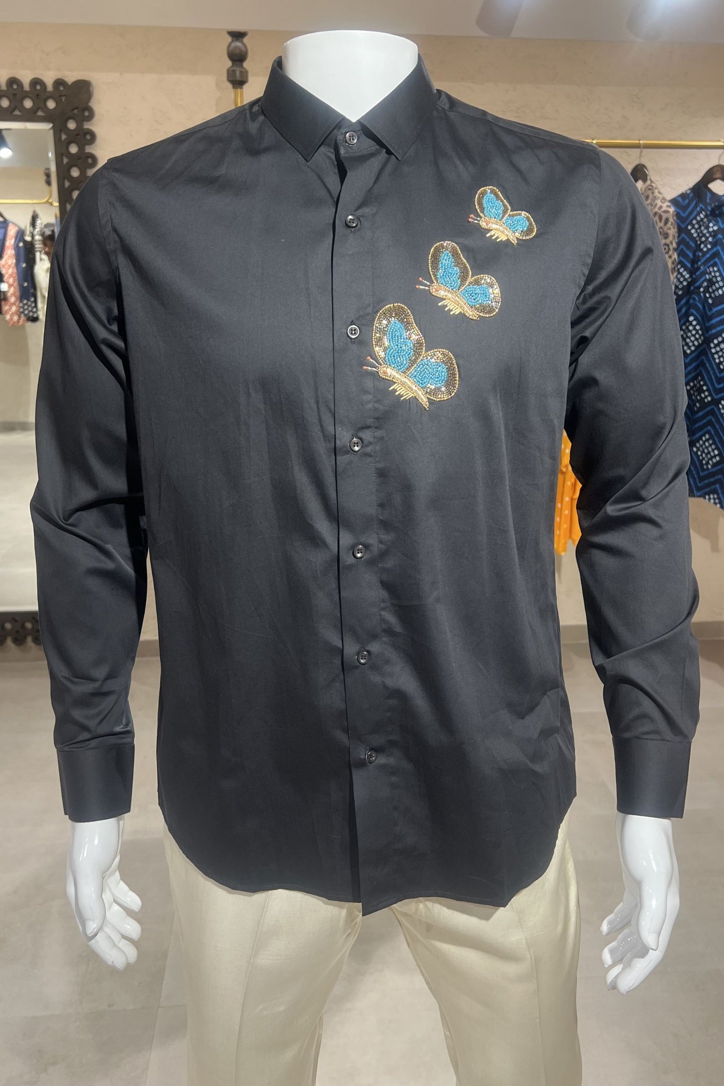 Men's Black Hand Embroidered Shirt – Azure Butterflies