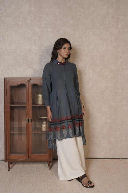 Charcoal Grey Printed Ajrakh Cotton Kurta Plazo Set – Emberveil