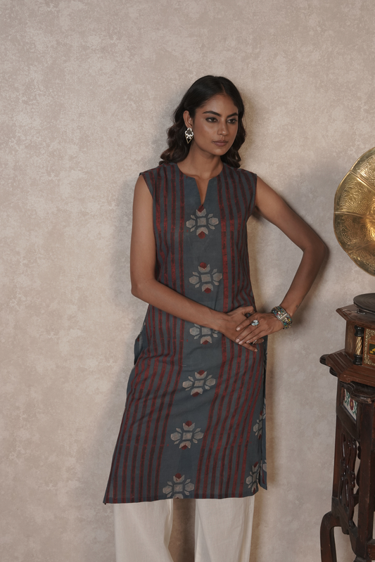 Bloomline Sleeveless Ajrakh Cotton Kurta Plazo Set – Ash Blue