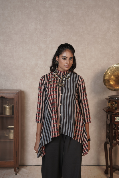 Kairo Panel Stripe Ajrakh Cotton Co-ord Set – Charcoal Rust