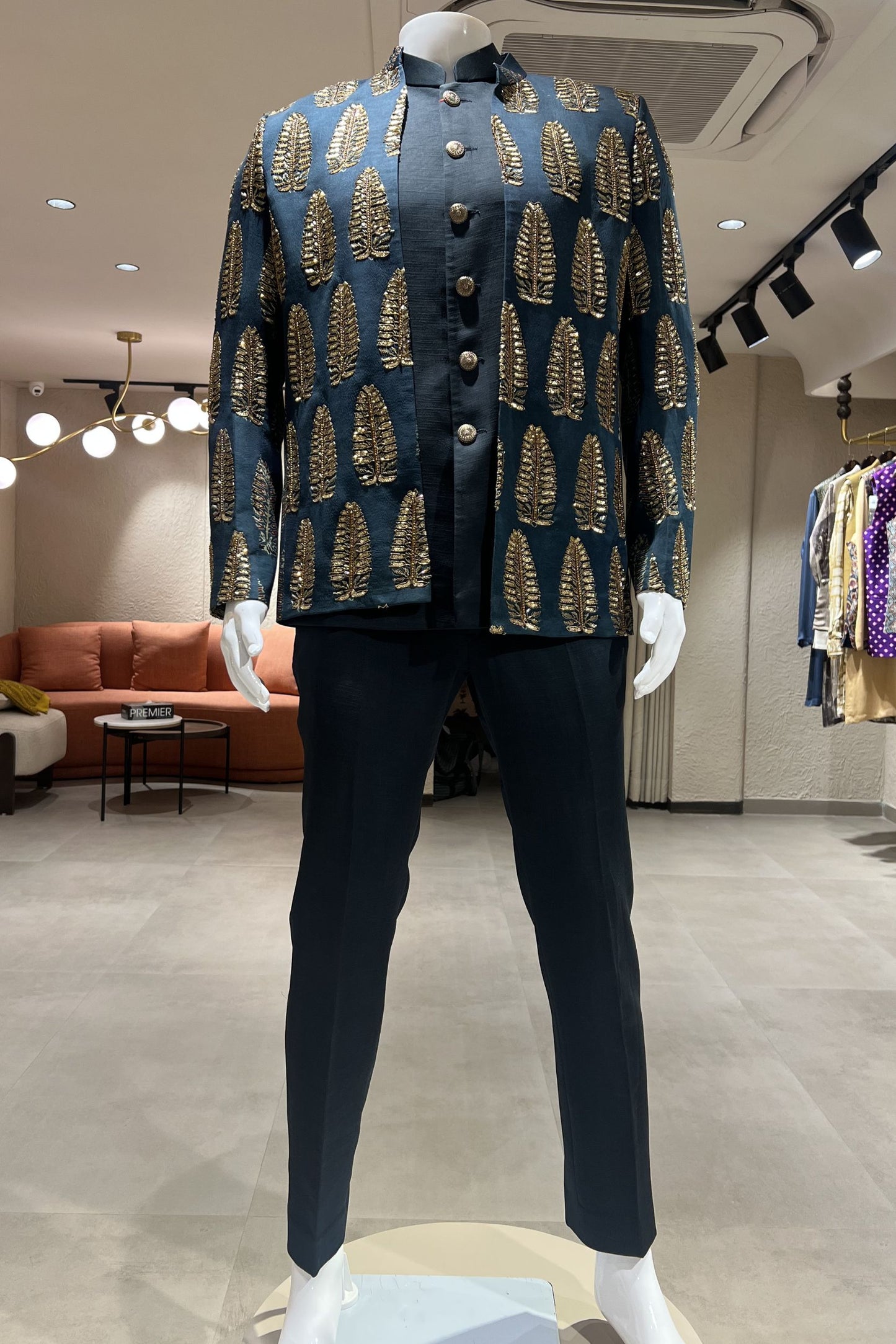 Rajvansh Leaf Motif Mashroo Silk 3-Piece Ensemble – Midnight Navy