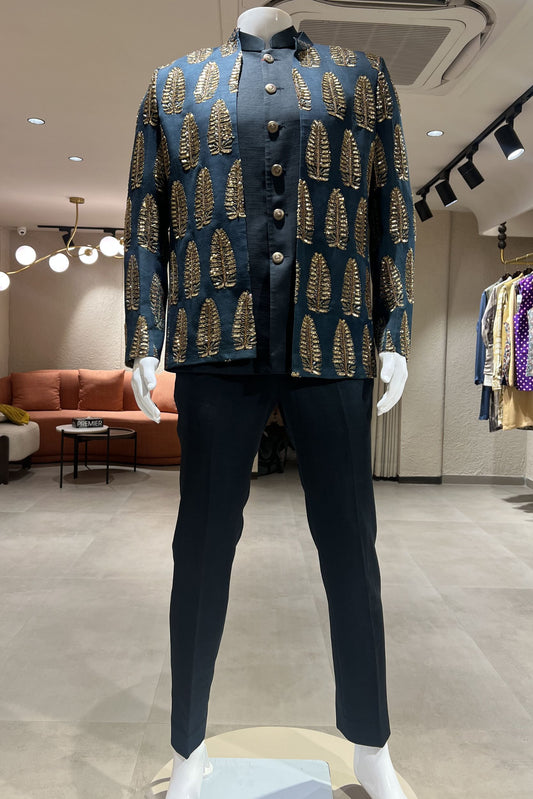 Rajvansh Leaf Motif Mashroo Silk 3-Piece Ensemble – Midnight Navy
