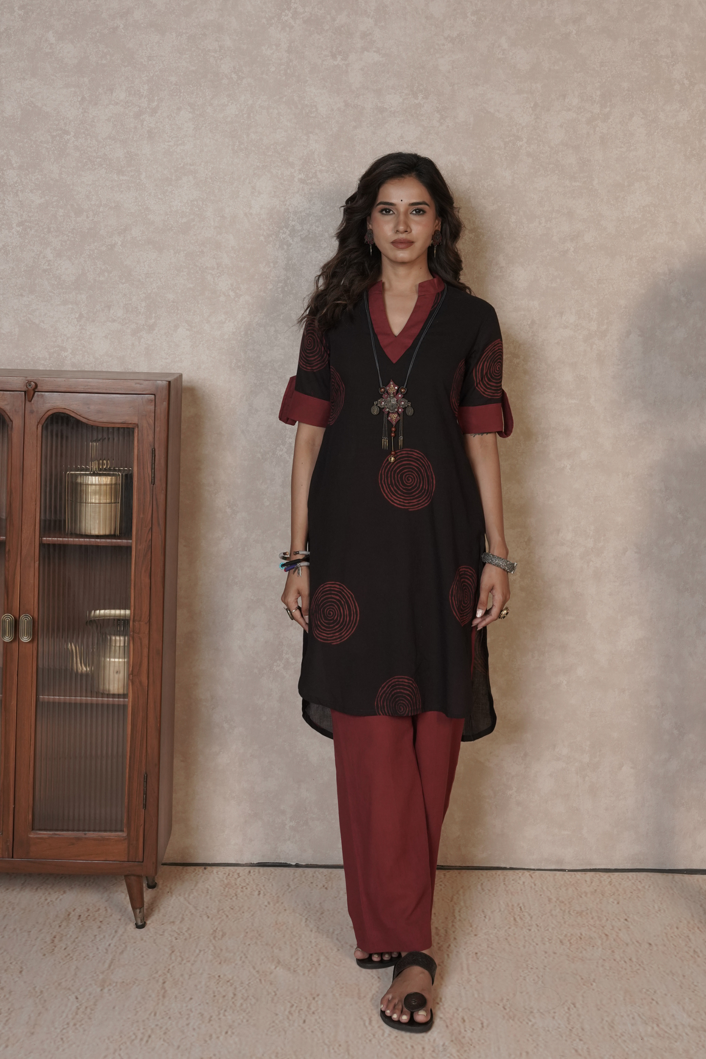 Midnight Rust Orbits – Black Ajrakh Cotton Printed Kurta Set