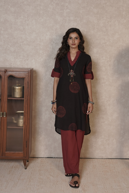 Midnight Rust Orbits – Black Ajrakh Cotton Printed Kurta Set