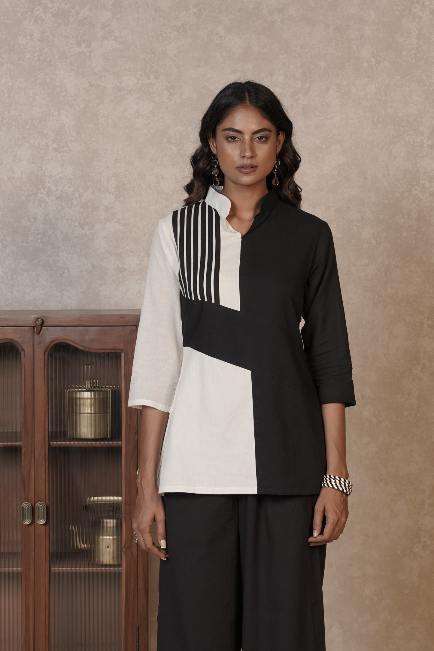 Black Ivory Panelled Ajrakh Cotton Co-ord Set – Monochrome Lineform
