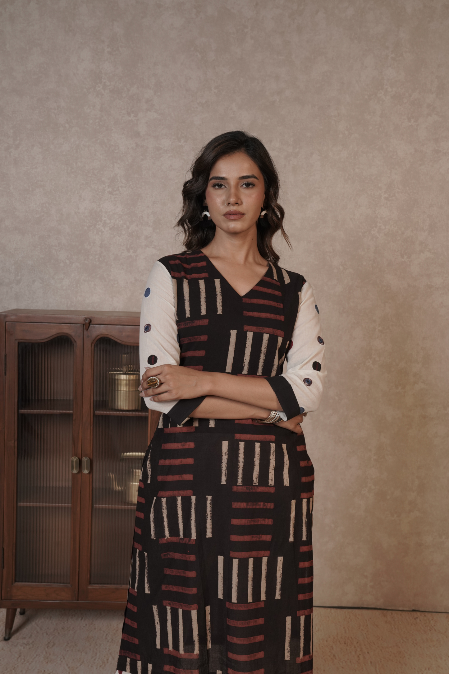 Noir Grid Ajrakh Cotton Kurta Bottom Set – Ira