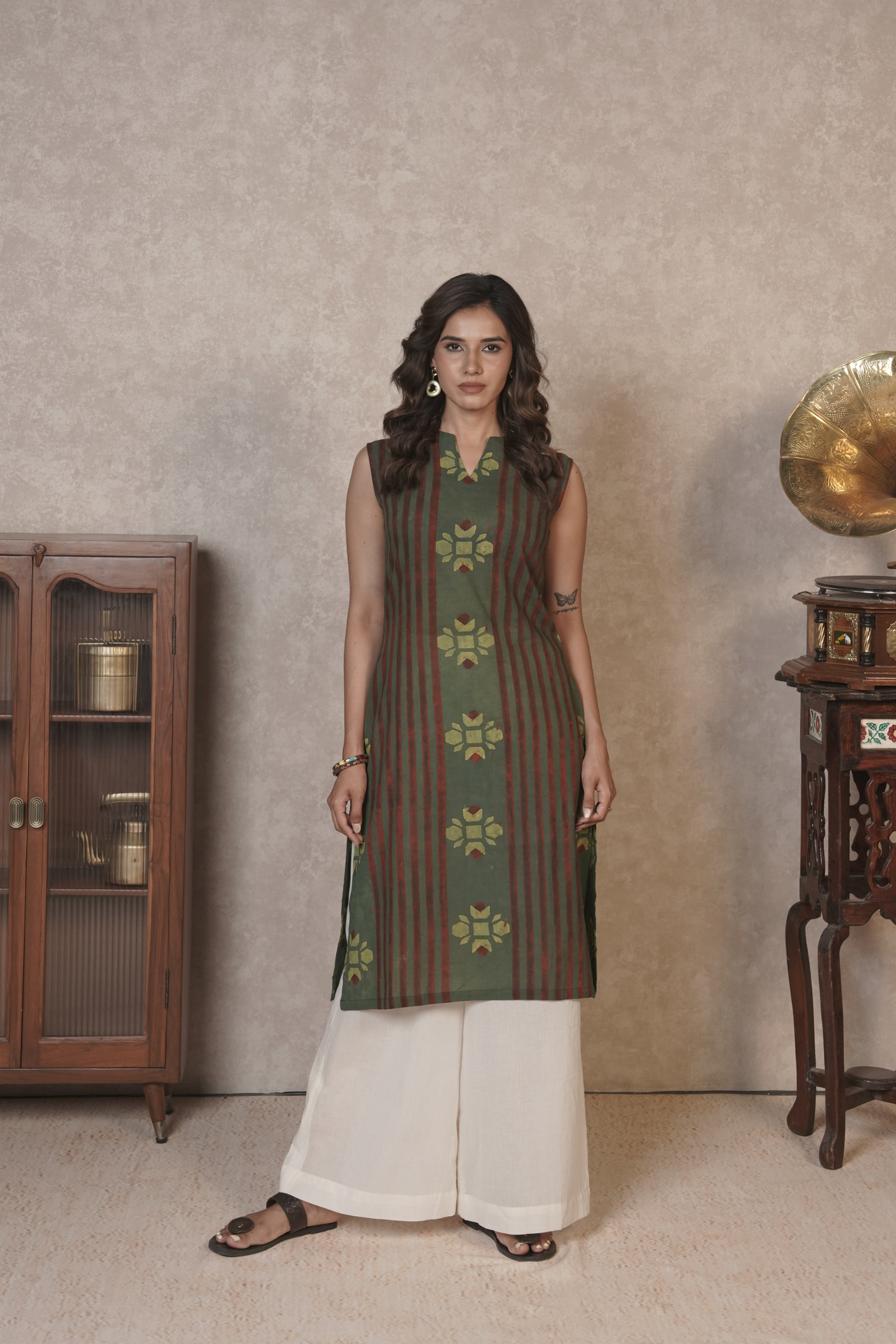 Rustlines in Bloom – Olive Ajrakh Cotton Kurta Set