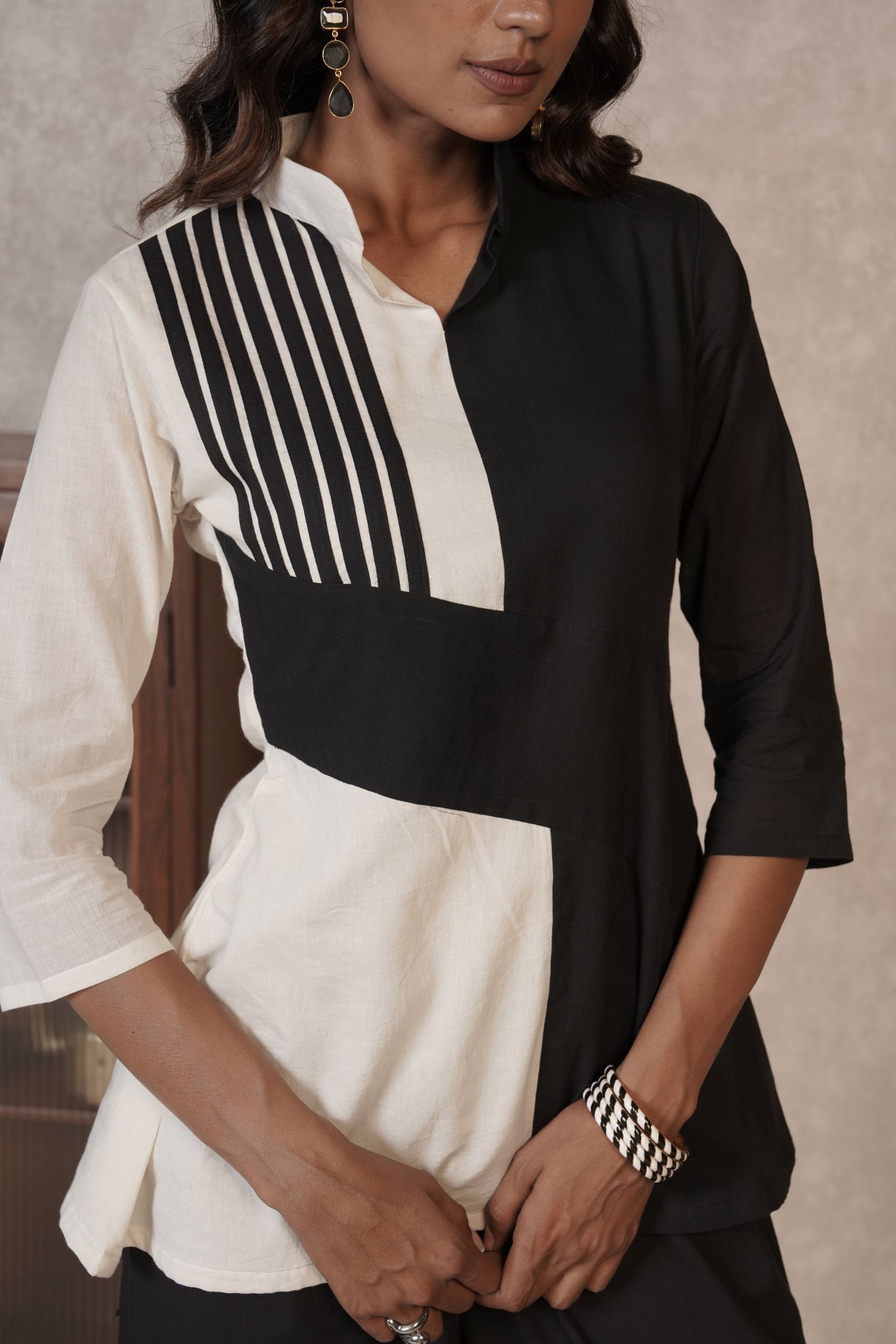 Black Ivory Panelled Ajrakh Cotton Top