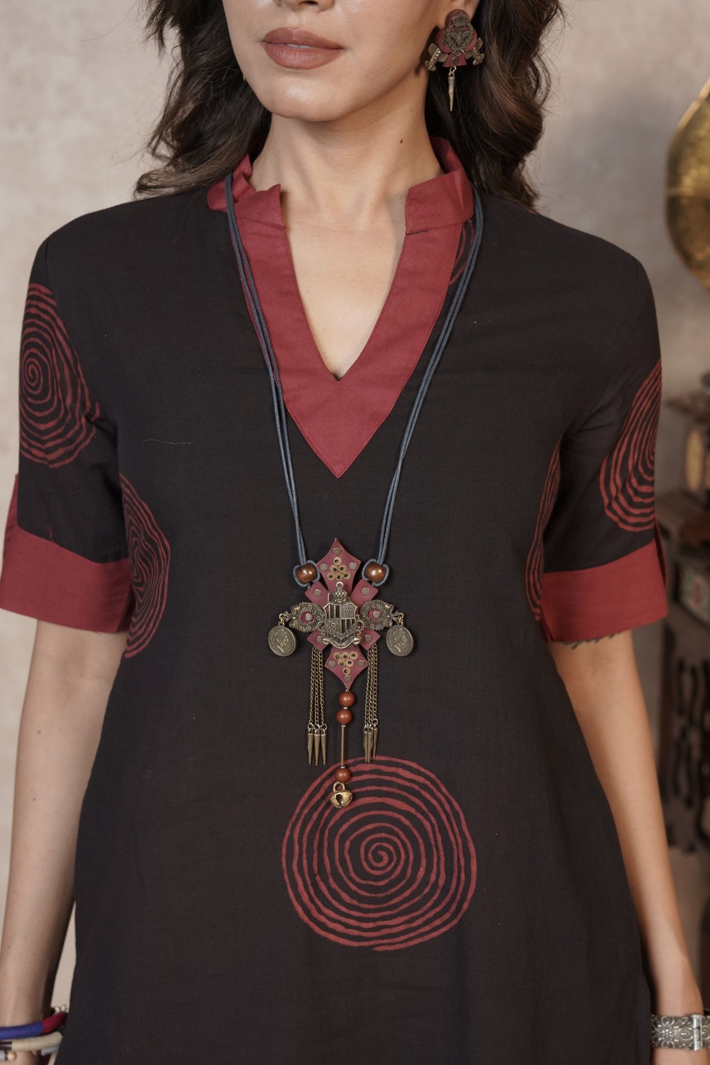 Midnight Rust Orbits – Black Ajrakh Cotton Printed Kurti