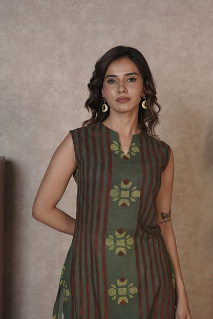 Rustlines in Bloom – Olive Ajrakh Cotton Kurti