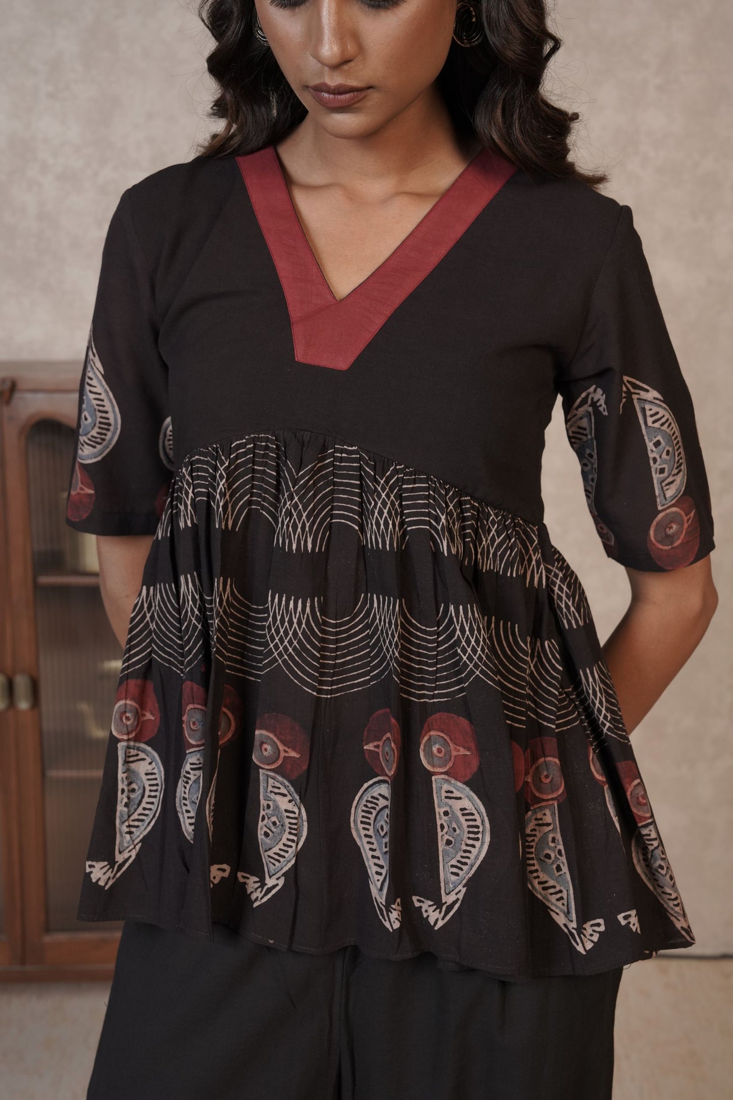 Black Printed Ajrakh Cotton Top