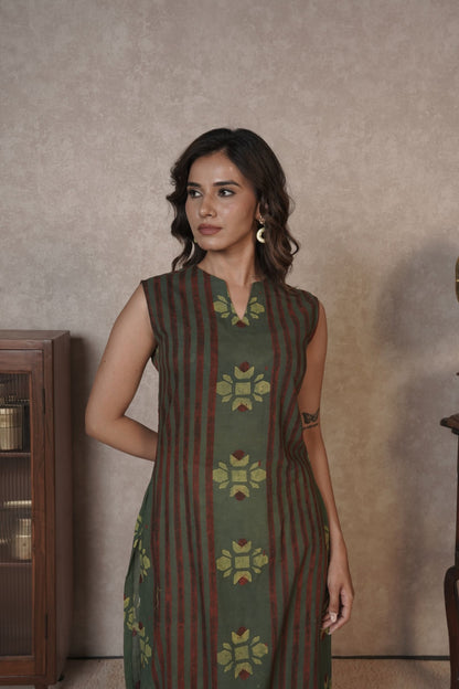 Rustlines in Bloom – Olive Ajrakh Cotton Kurti
