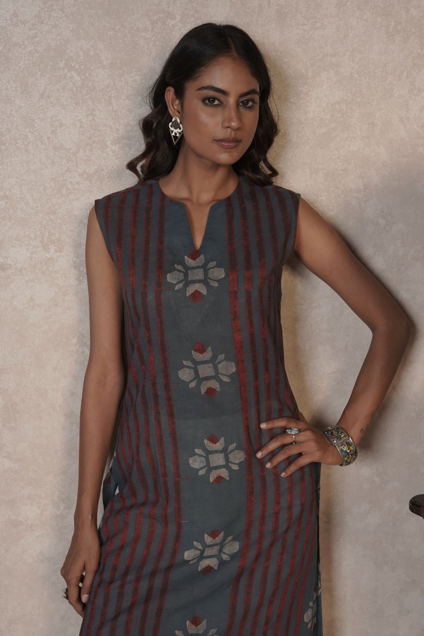 Bloomline Sleeveless Ajrakh Cotton Kurti