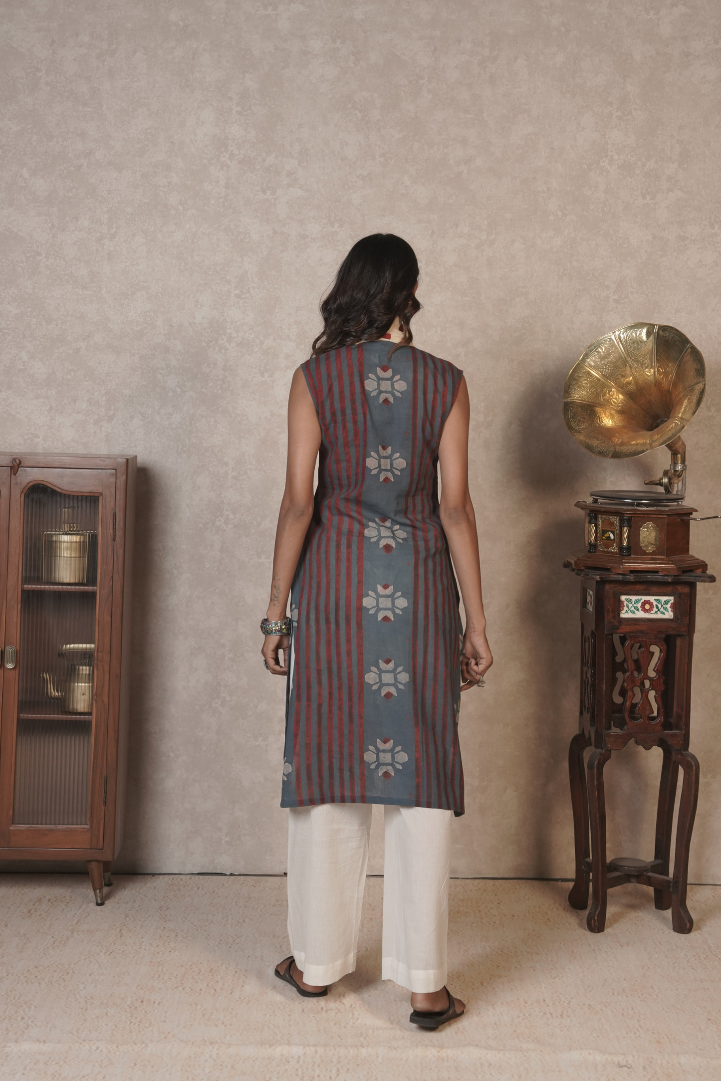 Bloomline Sleeveless Ajrakh Cotton Kurta Plazo Set – Ash Blue