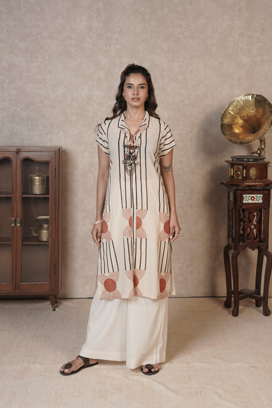 Oryn Geo Stripe Ajrakh Cotton Kurta Plazo Set – Ivory Clay