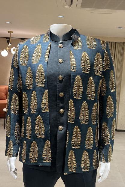Rajvansh Leaf Motif Mashroo Silk 3-Piece Ensemble – Midnight Navy