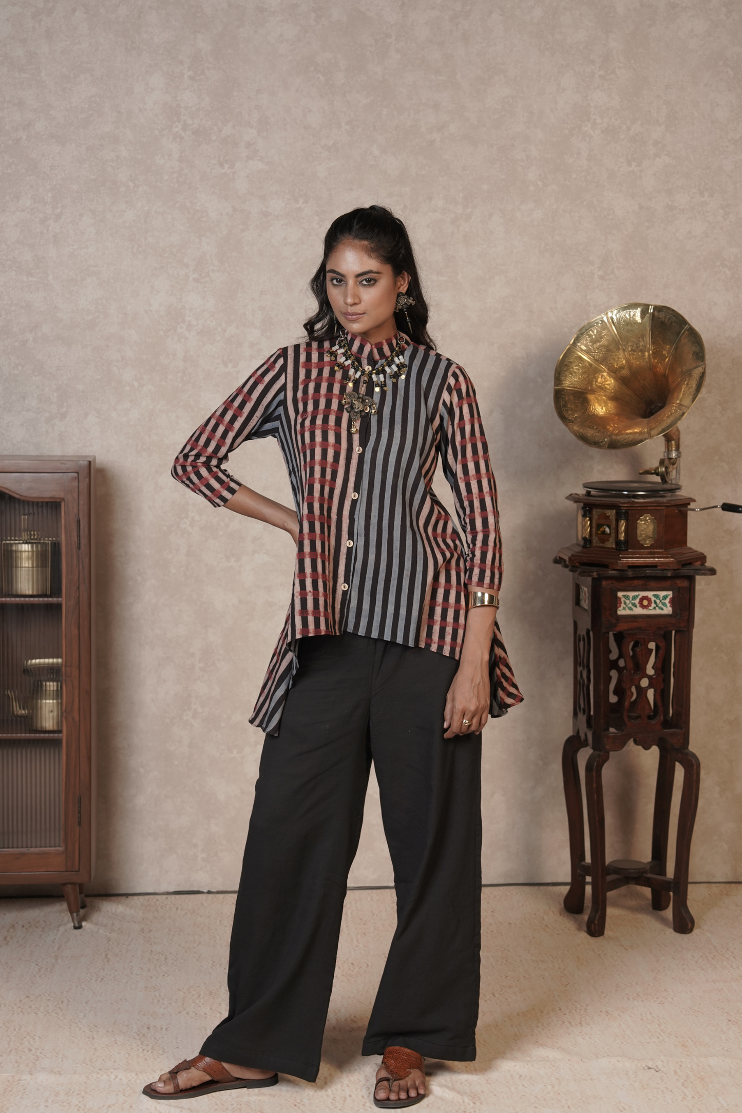 Kairo Panel Stripe Ajrakh Cotton Co-ord Set – Charcoal Rust