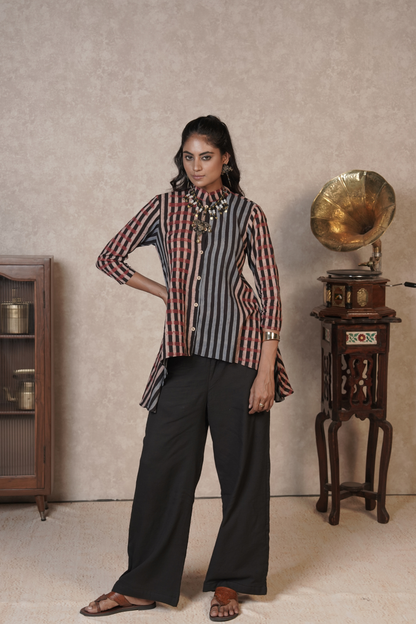 Kairo Panel Stripe Ajrakh Cotton Co-ord Set – Charcoal Rust