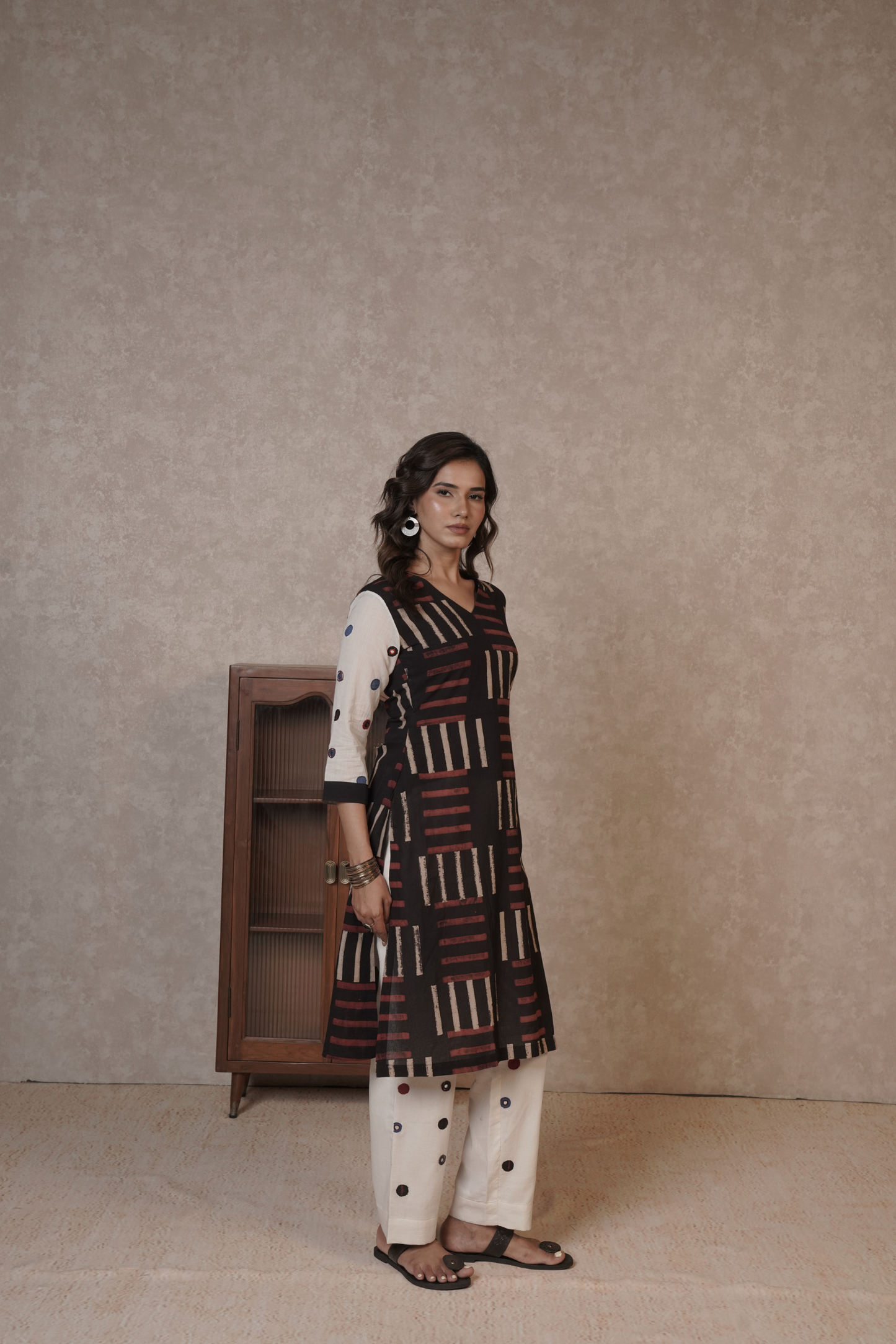 Noir Grid Ajrakh Cotton Kurta Bottom Set – Ira