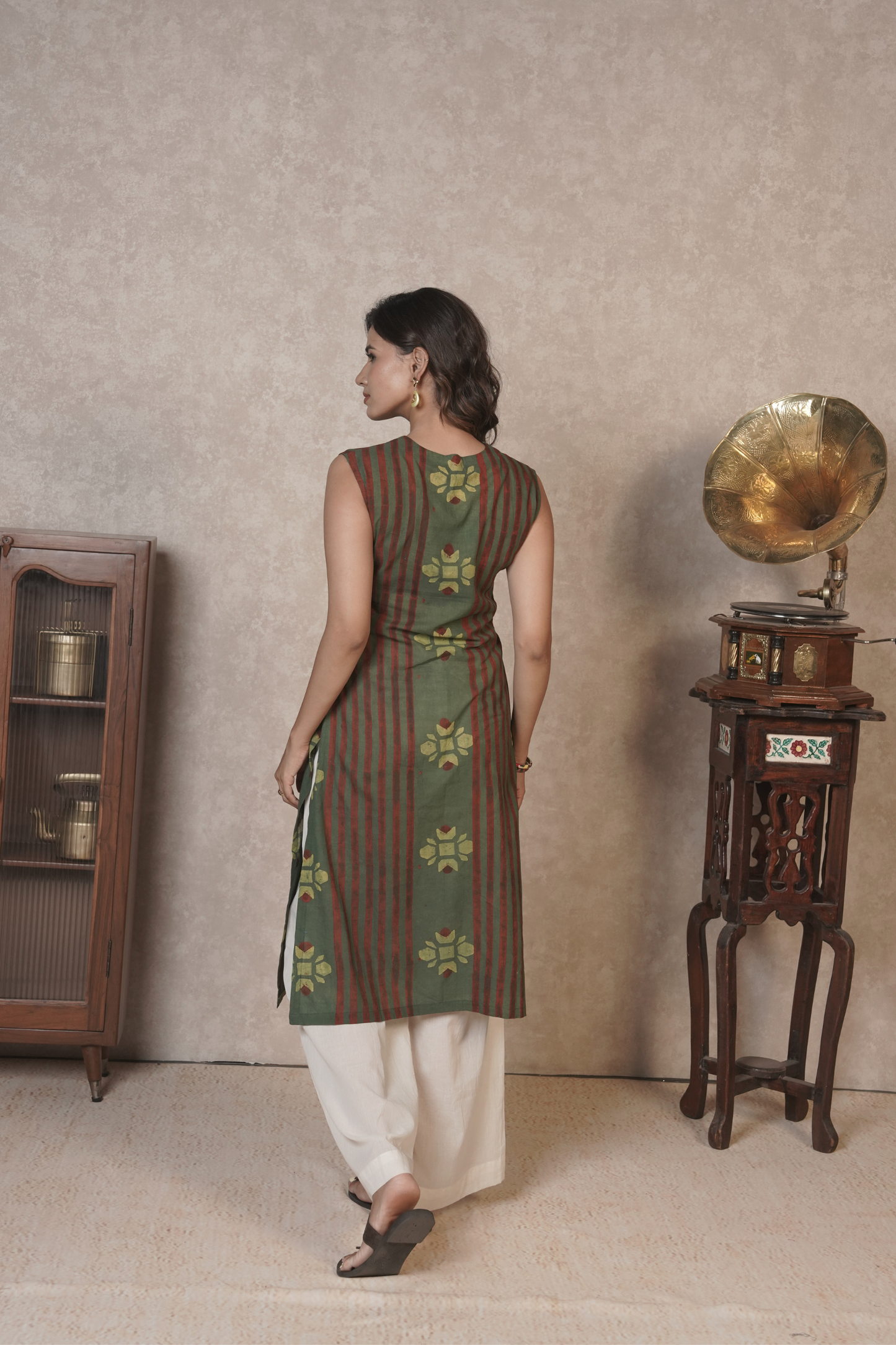 Rustlines in Bloom – Olive Ajrakh Cotton Kurta Set