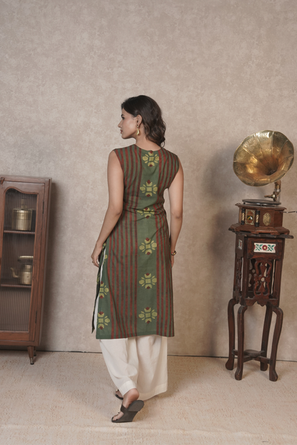 Rustlines in Bloom – Olive Ajrakh Cotton Kurta Set