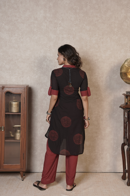 Midnight Rust Orbits – Black Ajrakh Cotton Printed Kurta Set