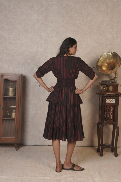 Crimson Pinstripe Cascade – Black Ajrakh Cotton Dress