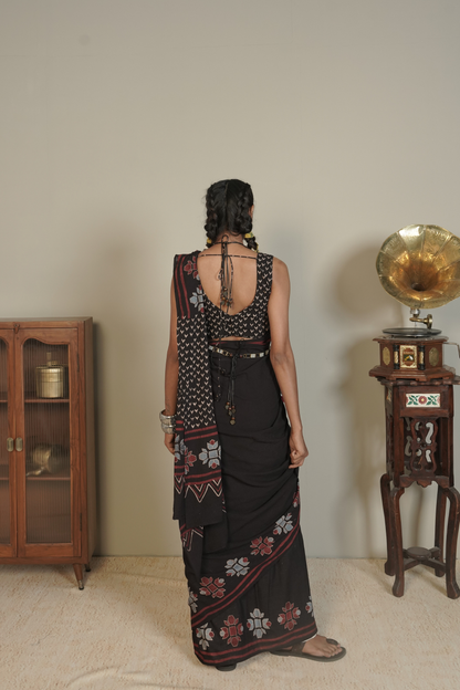 Midnight Vana Ajrakh Cotton Saree – Tamsa