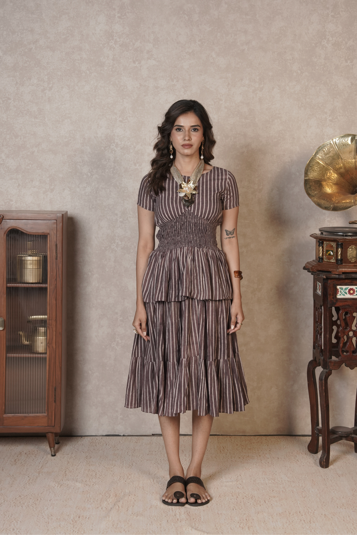 Cocoa Stripe Cascade – Brown Ajrakh Cotton Dress