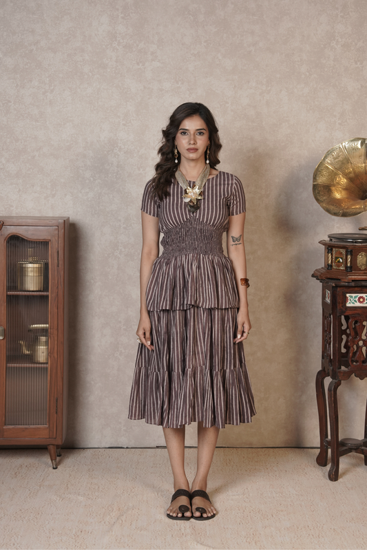 Cocoa Stripe Cascade – Brown Ajrakh Cotton Dress