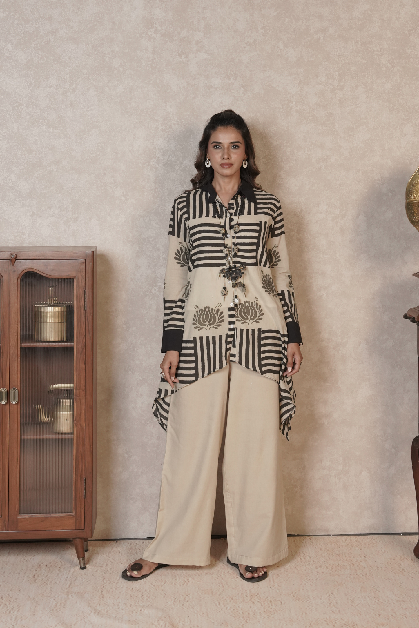 Veyra Asymmetrical Stripe Ajrakh Cotton Co-ord Set – Desert Ink