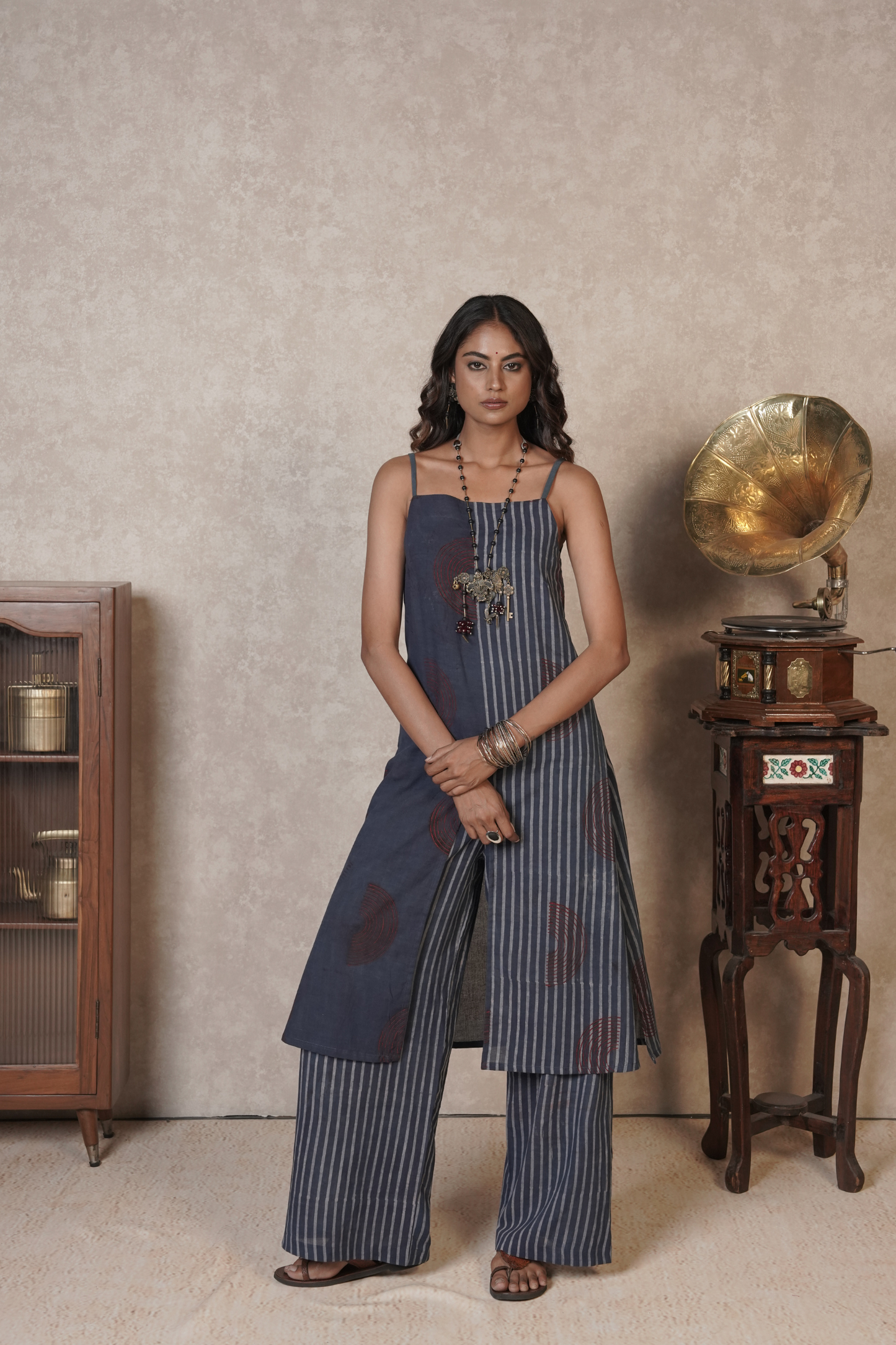 Slate Stripe Flow – Blue Ajrakh Cotton Co-ord Set